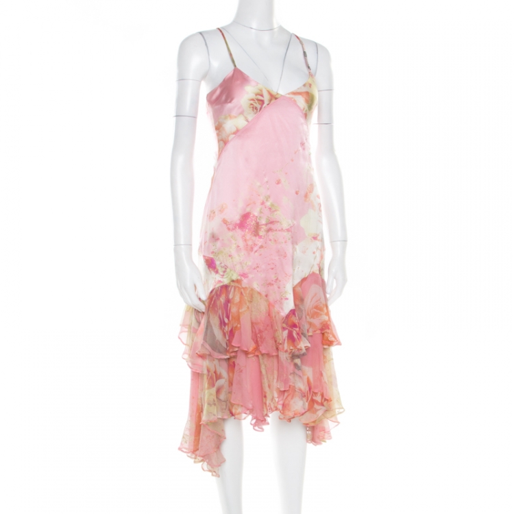 Pre Owned Just Cavalli Pink and Yellow Printed Silk Ruffled Hem Detail Sleeveless Dress M