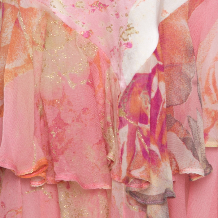 Pre Owned Just Cavalli Pink and Yellow Printed Silk Ruffled Hem Detail Sleeveless Dress M