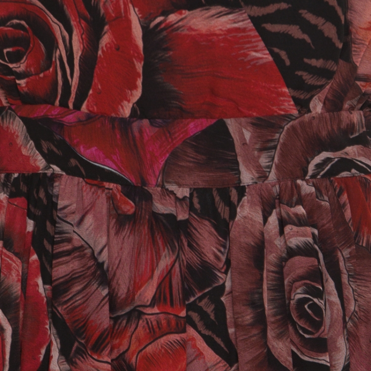 Pre Owned Just Cavalli Red Rose Printed Plunge Neck Dress M
