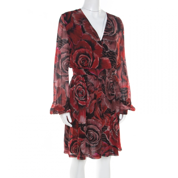 Pre Owned Just Cavalli Red Rose Printed Plunge Neck Dress M