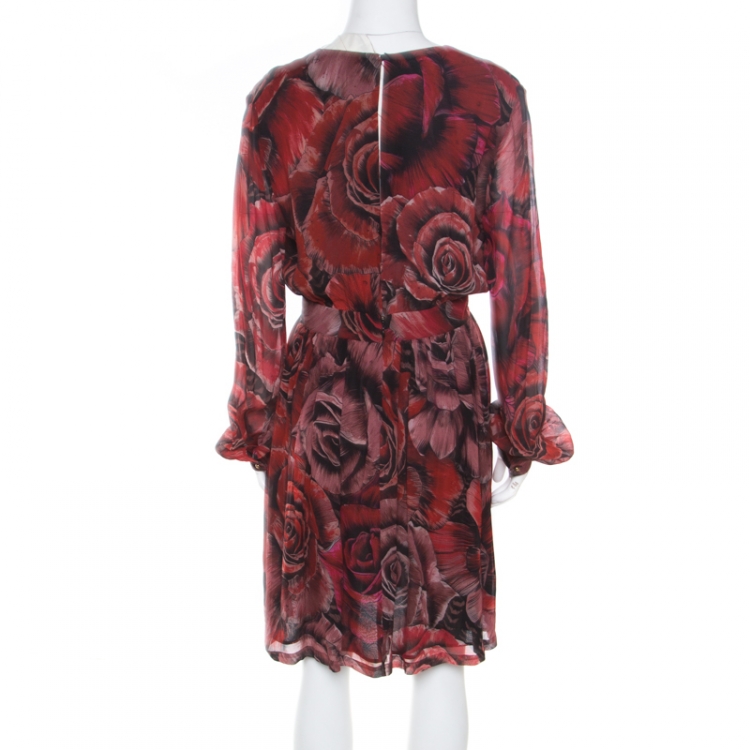 Pre Owned Just Cavalli Red Rose Printed Plunge Neck Dress M