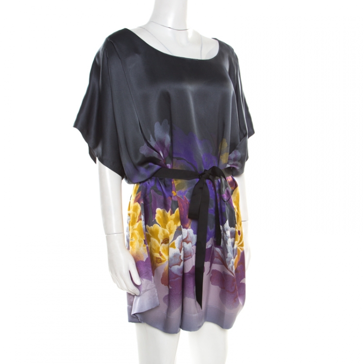 Pre Owned Just Cavalli Multicolor Floral Printed Silk Belted Tunic Dress M