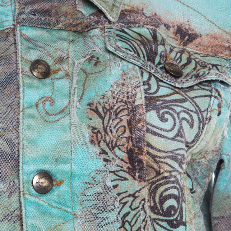 Pre Owned Just Cavalli Mint and Brown Distressed Lace Overlay Printed Denim Jacket L