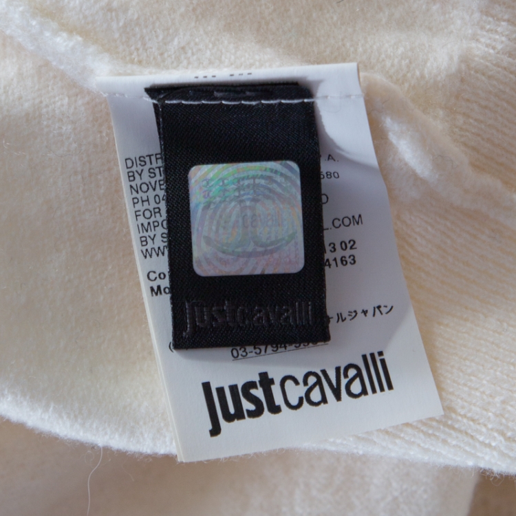 Pre Owned Just Cavalli Cream Wool Gold Logo Button Detail Long Cardigan XS 