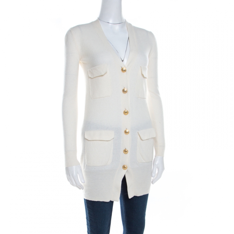 Pre Owned Just Cavalli Cream Wool Gold Logo Button Detail Long Cardigan XS 