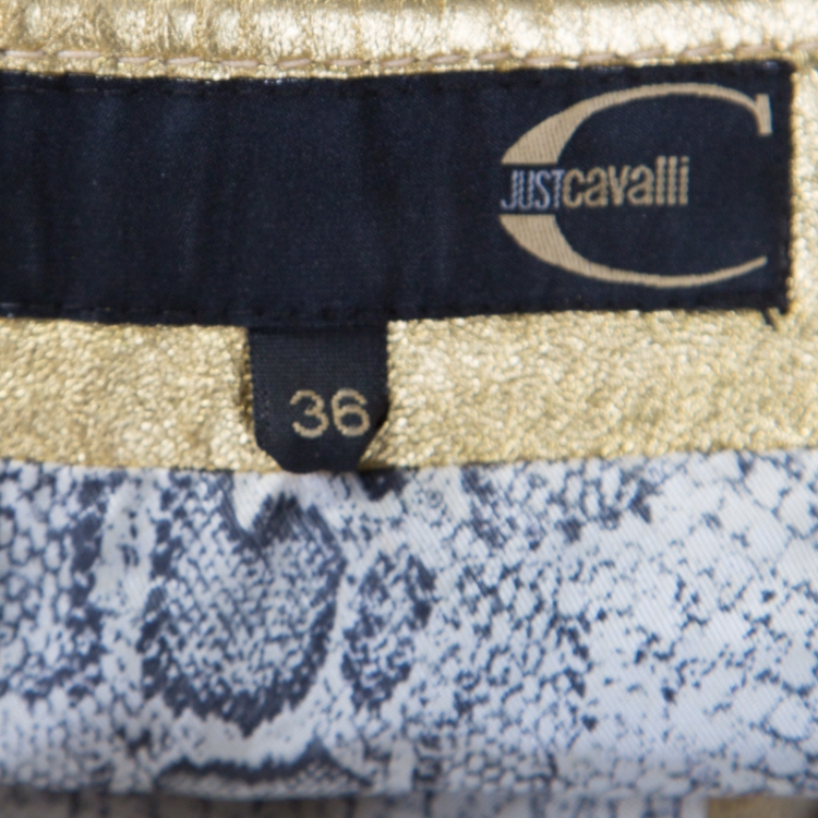 Pre Owned Just Cavalli Gold Leather Embroidered Laser Cut Skirt XS 