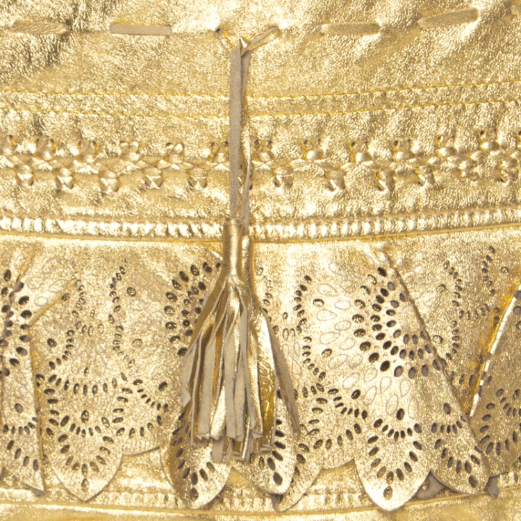 Pre Owned Just Cavalli Gold Leather Embroidered Laser Cut Skirt XS 