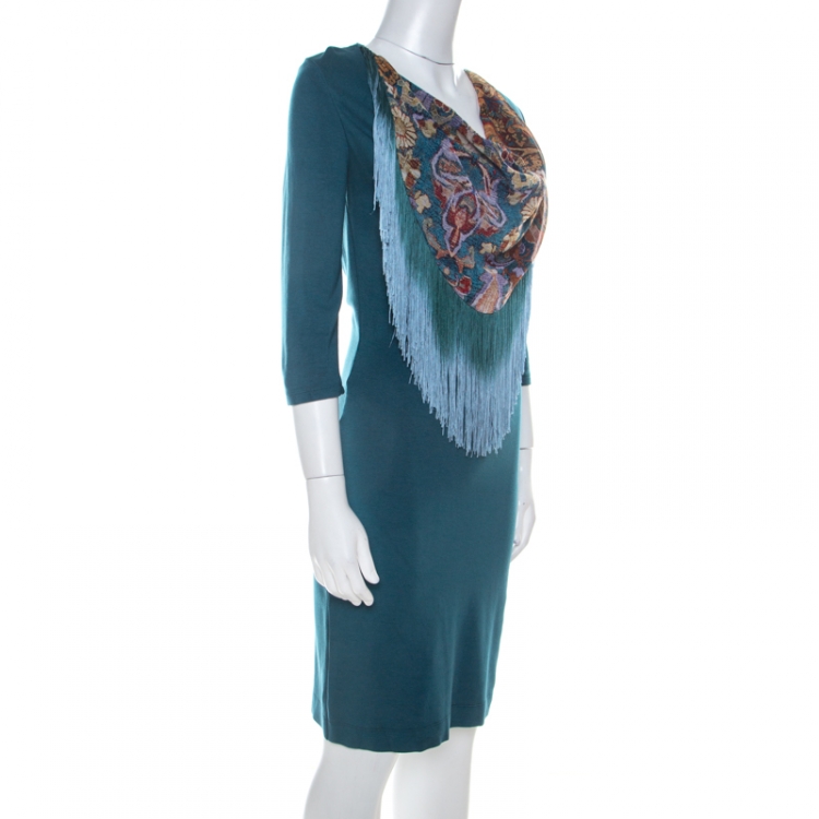Pre Owned Just Cavalli Teal Blue Stretch Jersey Fringe Detail Dress M 