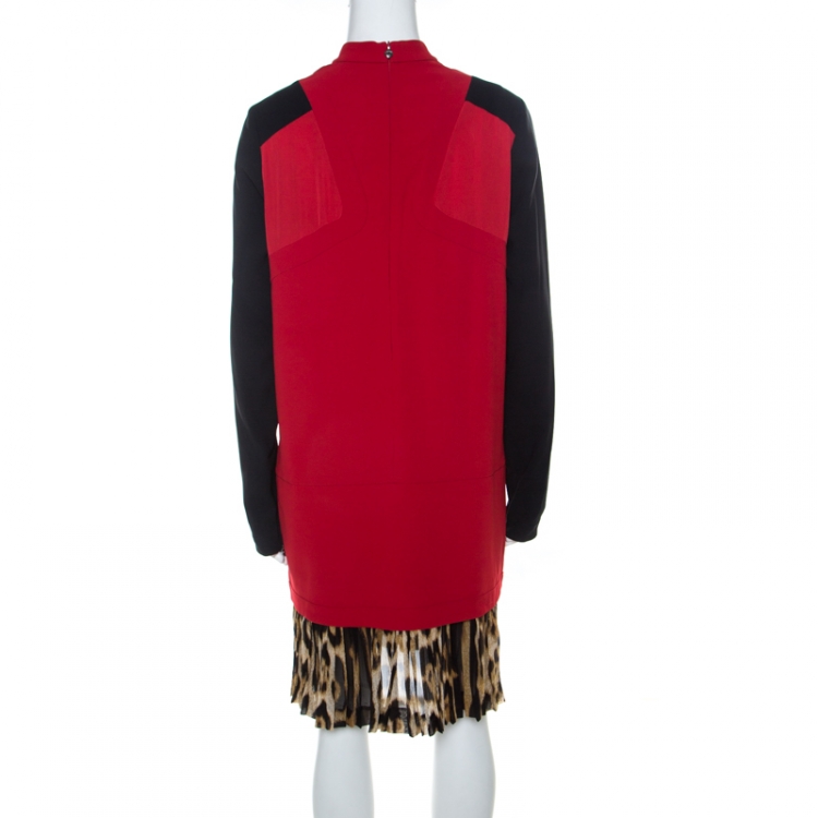 Pre Owned Just Cavalli Red and Black Crepe Pleated Leopard Hem Shift Dress M 