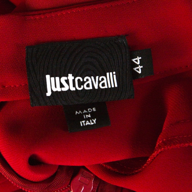 Pre Owned Just Cavalli Red and Black Crepe Pleated Leopard Hem Shift Dress M 