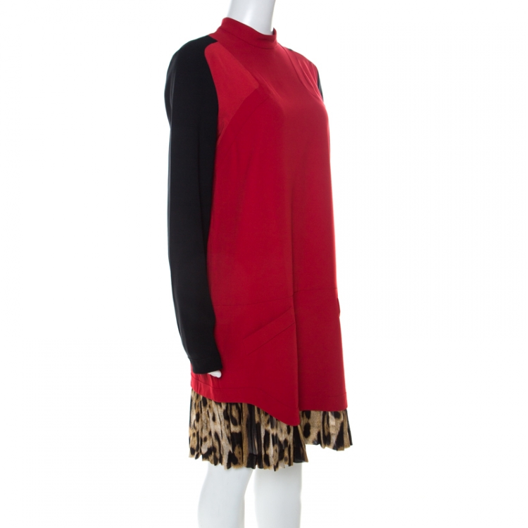 Pre Owned Just Cavalli Red and Black Crepe Pleated Leopard Hem Shift Dress M 