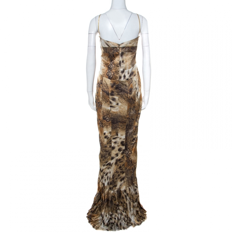 Pre Owned Just Cavalli Multicolor Animal Print Satin Pleated Hemline Sleeveless Dress L