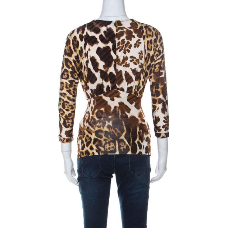 Pre Owned Just Cavalli Brown Animal Printed Jersey Top XS 