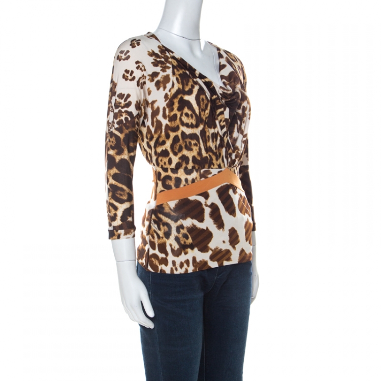 Pre Owned Just Cavalli Brown Animal Printed Jersey Top XS 
