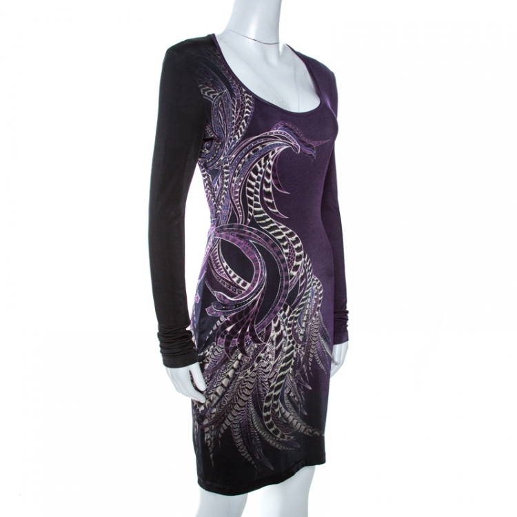 Pre Owned Just Cavalli Purple Feather Printed Jersey Long Sleeve Bodycon Dress M
