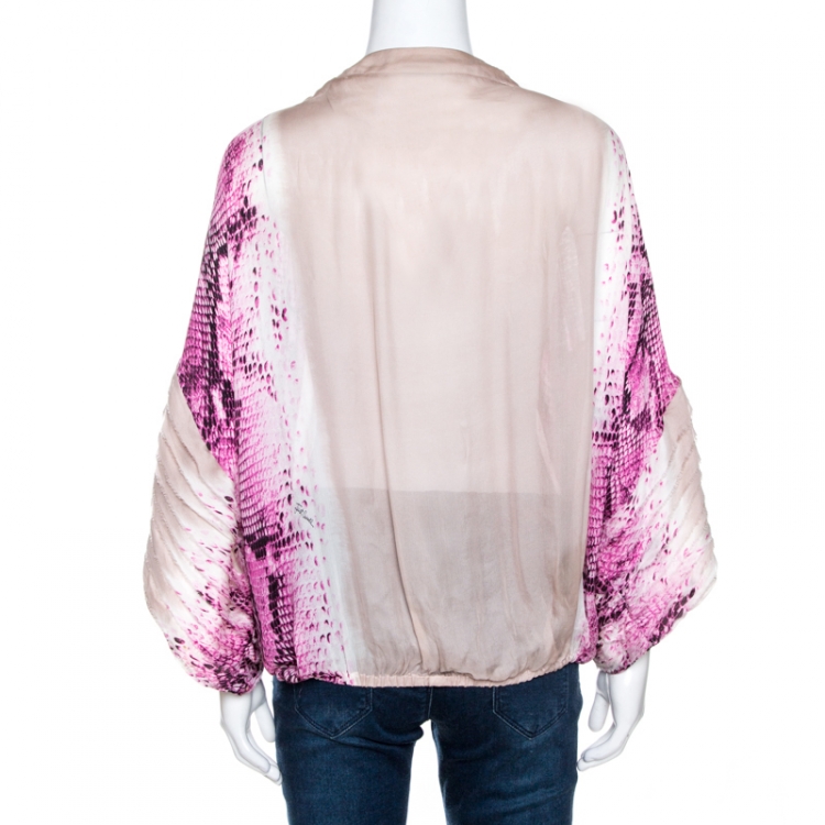 مملوكة مسبقًا Just Cavalli Bicolor Printed Silk Raw Edge Detail Top M