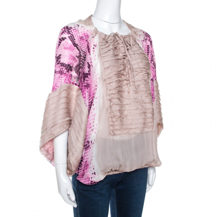 مملوكة مسبقًا Just Cavalli Bicolor Printed Silk Raw Edge Detail Top M