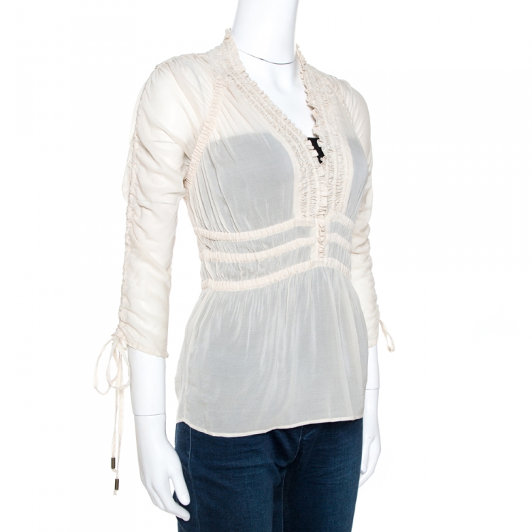 Pre Owned Just Cavalli Cream Stretch Silk Ruched Detail Top S