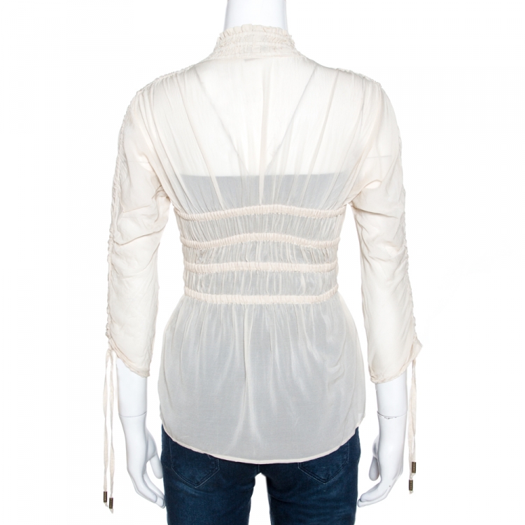 Pre Owned Just Cavalli Cream Stretch Silk Ruched Detail Top S