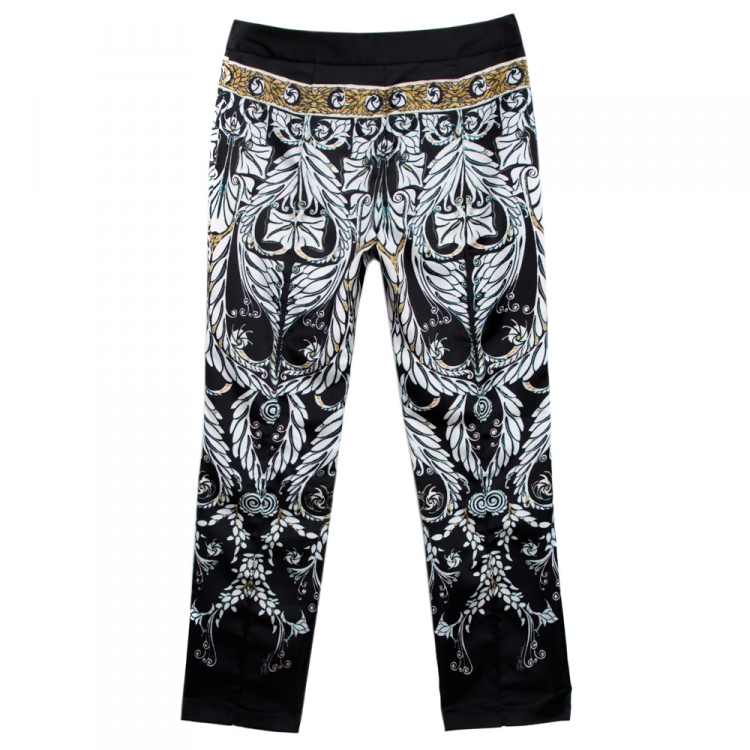 مملوكة مسبقًا Just Cavalli Black Printed Stretch Satin Tapered Trousers S