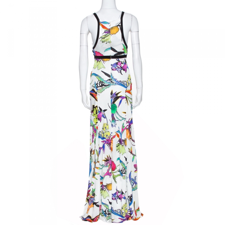 Pre Owned Just Cavalli White Floral Print Jersey Cutout Detail Maxi Dress S