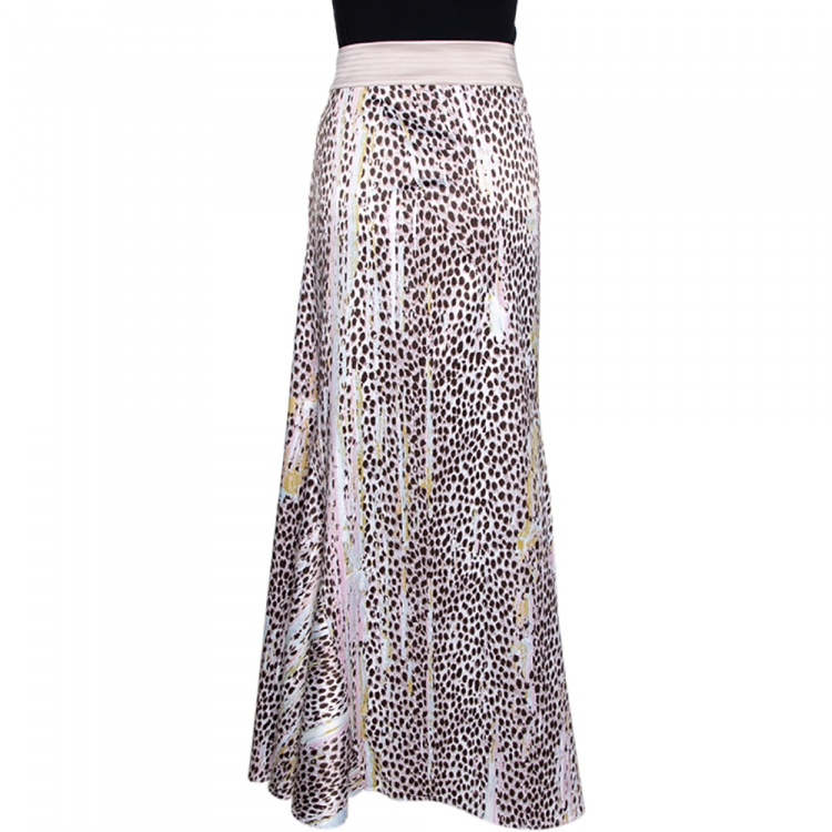 Pre Owned Just Cavalli Dusty Pink Leopard Print Satin Flared Maxi Skirt S 