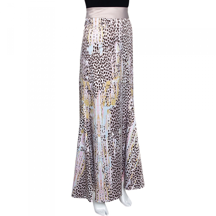 Pre Owned Just Cavalli Dusty Pink Leopard Print Satin Flared Maxi Skirt S 