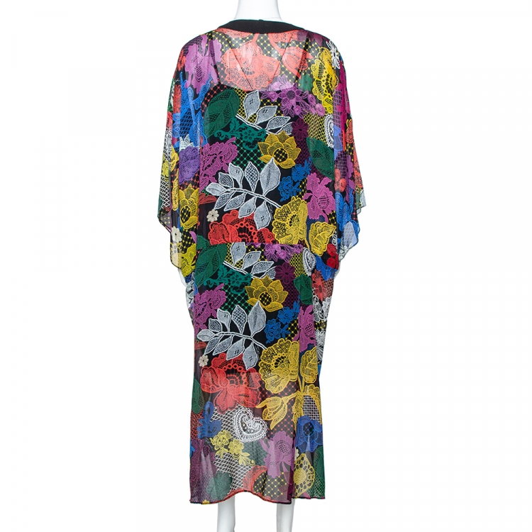 Pre Owned Just Cavalli Multicolor Floral Lace Print Silk Oversized Kaftan M