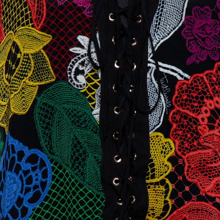 Pre Owned Just Cavalli Multicolor Floral Lace Print Silk Oversized Kaftan M