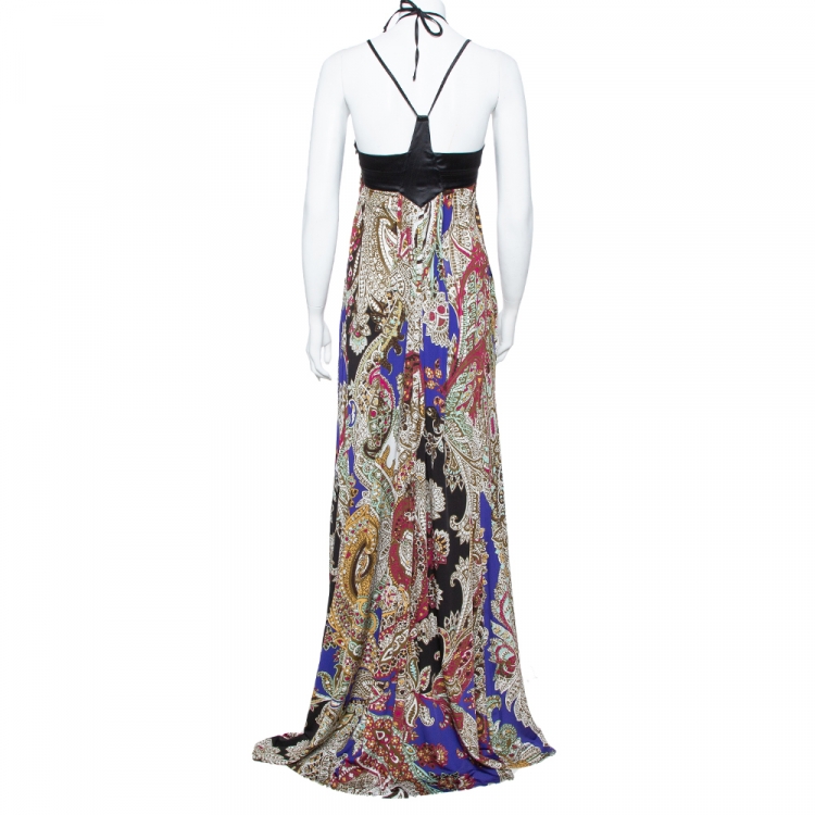 Pre Owned Just Cavalli  Multicolor Abstract Printed Knit Halter Neck Flared Maxi Dress M