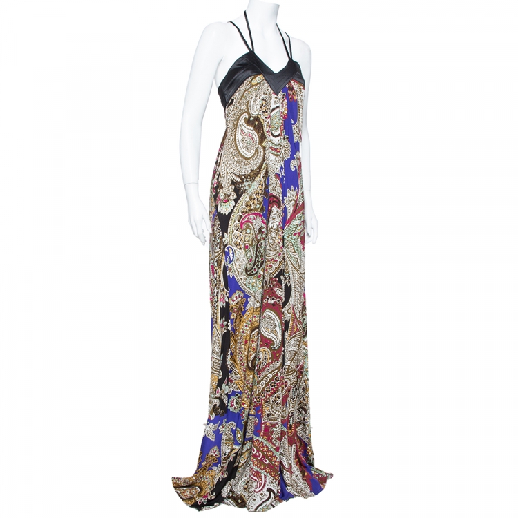 Pre Owned Just Cavalli  Multicolor Abstract Printed Knit Halter Neck Flared Maxi Dress M