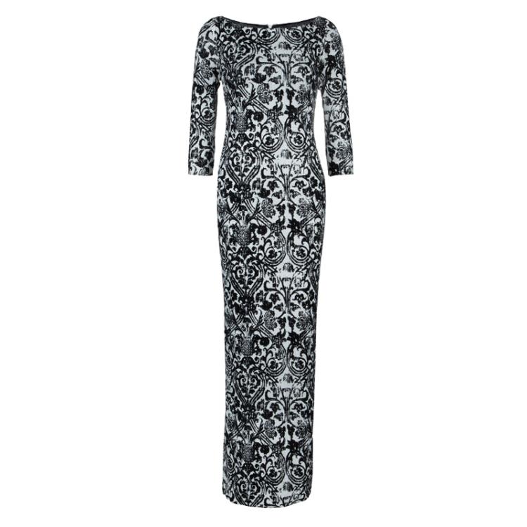 مملوكة مسبقًا Just Cavalli Monochrome Floral Flock Print Sequin Embellished Maxi Dress S