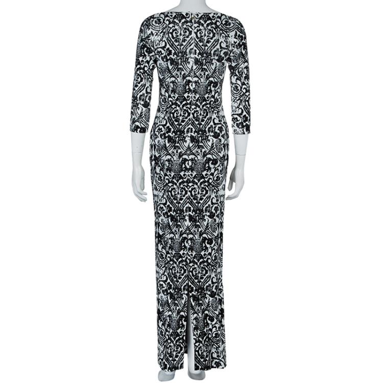 مملوكة مسبقًا Just Cavalli Monochrome Floral Flock Print Sequin Embellished Maxi Dress S