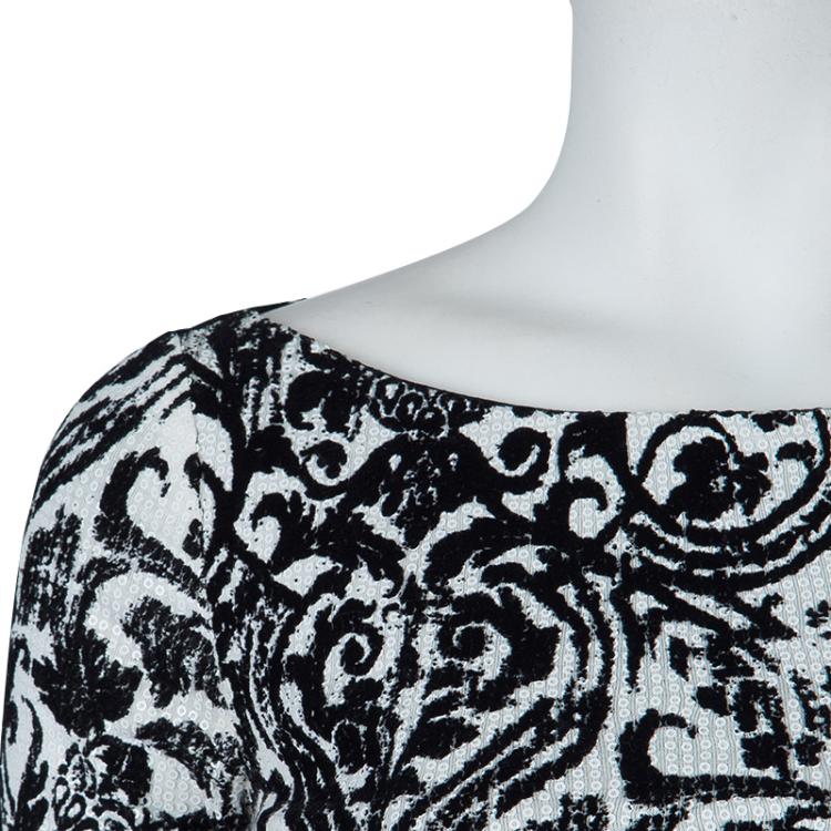 مملوكة مسبقًا Just Cavalli Monochrome Floral Flock Print Sequin Embellished Maxi Dress S