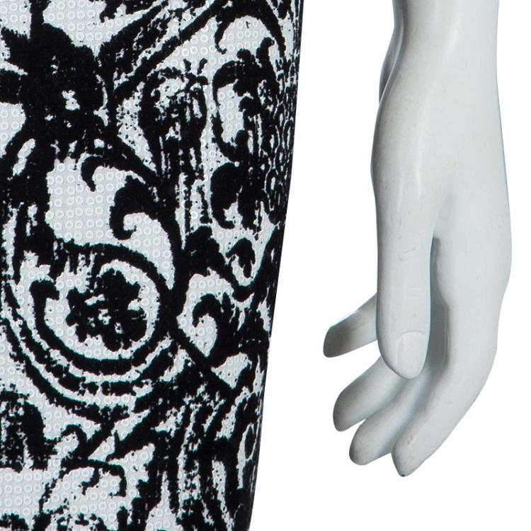 مملوكة مسبقًا Just Cavalli Monochrome Floral Flock Print Sequin Embellished Maxi Dress S