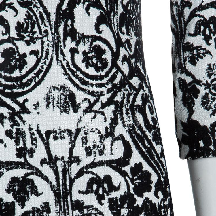 مملوكة مسبقًا Just Cavalli Monochrome Floral Flock Print Sequin Embellished Maxi Dress S