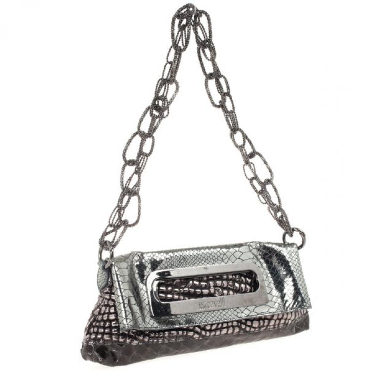 Pre Owned  Just Cavalli Leather Metallic Embossed Chain Shoulder Bag 