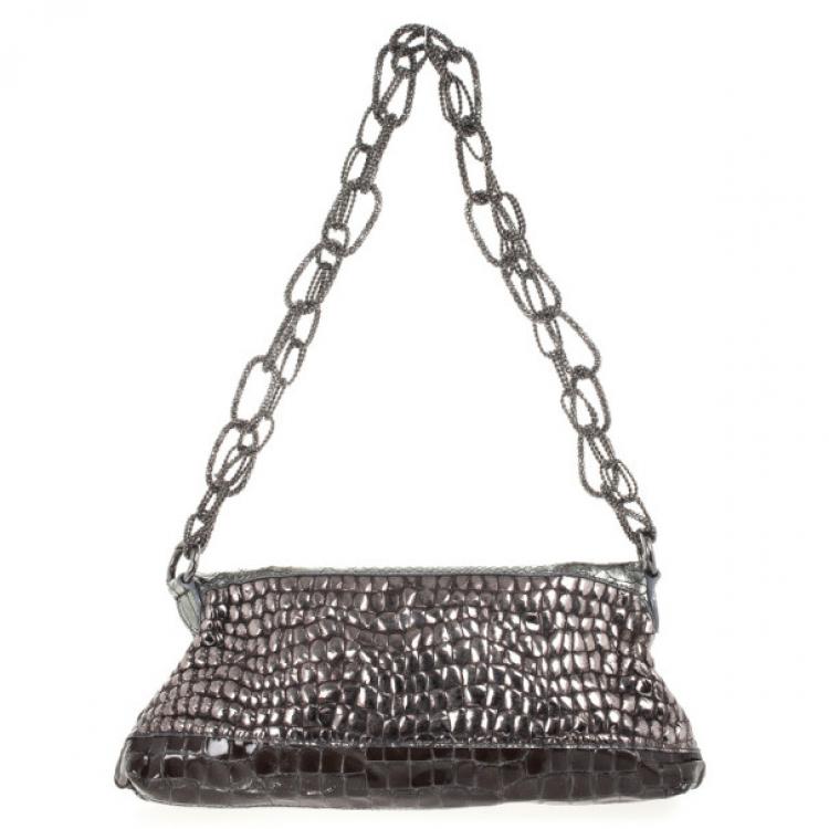 Pre Owned  Just Cavalli Leather Metallic Embossed Chain Shoulder Bag 
