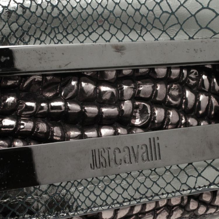 Pre Owned  Just Cavalli Leather Metallic Embossed Chain Shoulder Bag 