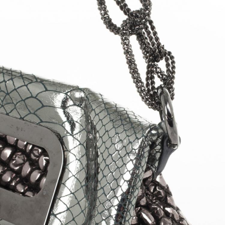 Pre Owned  Just Cavalli Leather Metallic Embossed Chain Shoulder Bag 