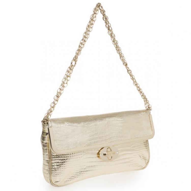 مملوكة مسبقًا Just Cavalli Gold Metallic Crocodile Embossed Leather Small Clutch Bag