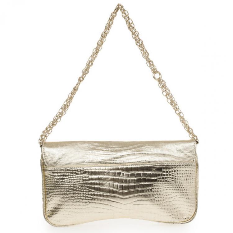 مملوكة مسبقًا Just Cavalli Gold Metallic Crocodile Embossed Leather Small Clutch Bag