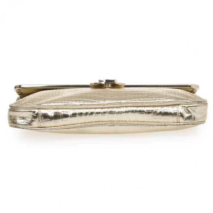 مملوكة مسبقًا Just Cavalli Gold Metallic Crocodile Embossed Leather Small Clutch Bag