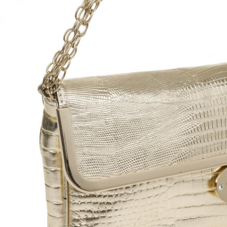 مملوكة مسبقًا Just Cavalli Gold Metallic Crocodile Embossed Leather Small Clutch Bag