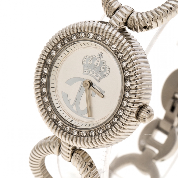 Pre Owned Just Cavalli Silver White Silver Tone Crystal Studded R725122515 Women's Wristwatch 30 mm