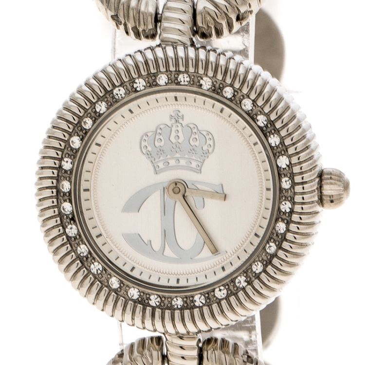 Pre Owned Just Cavalli Silver White Silver Tone Crystal Studded R725122515 Women's Wristwatch 30 mm