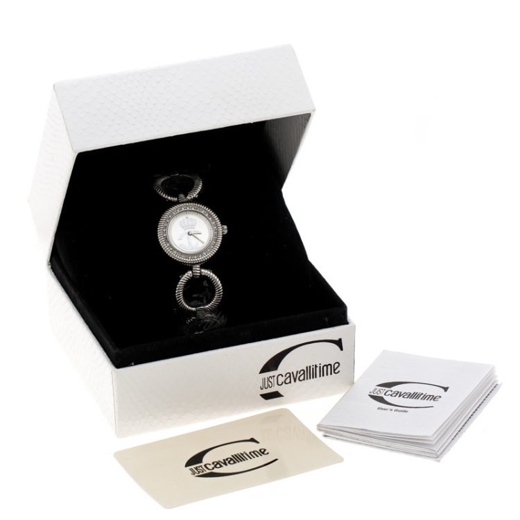 Pre Owned Just Cavalli Silver White Silver Tone Crystal Studded R725122515 Women's Wristwatch 30 mm