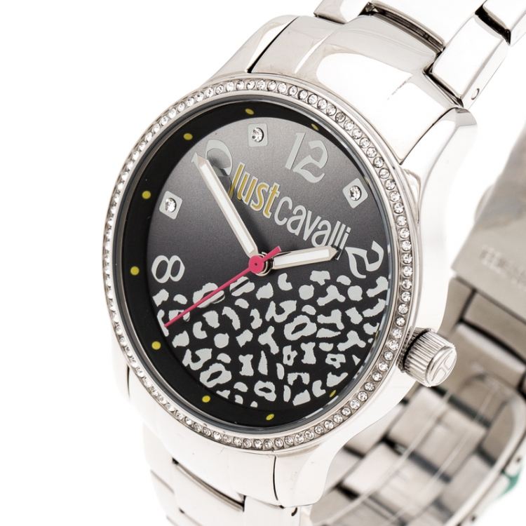 Pre Owned Just Cavalli Black Stainless Steel Crystal Embellished Huge R7253127511 Women's Wristwatch 38 mm