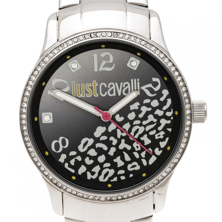 Pre Owned Just Cavalli Black Stainless Steel Crystal Embellished Huge R7253127511 Women's Wristwatch 38 mm