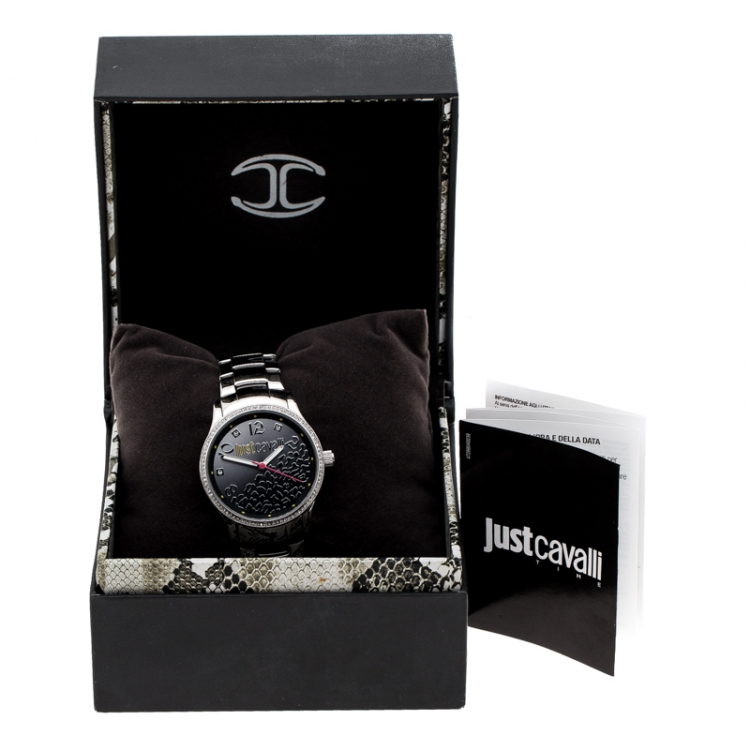 Pre Owned Just Cavalli Black Stainless Steel Crystal Embellished Huge R7253127511 Women's Wristwatch 38 mm